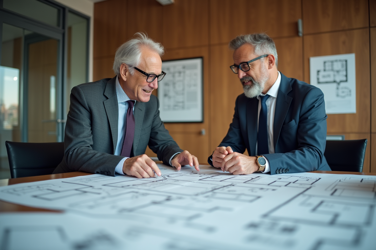 Architecte étudiant un plan dans une salle de réunion