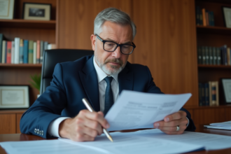 Avocat en costume navy examinant des documents juridiques