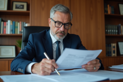 Avocat en costume navy examinant des documents juridiques