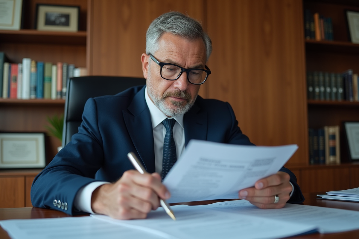 Avocat en costume navy examinant des documents juridiques