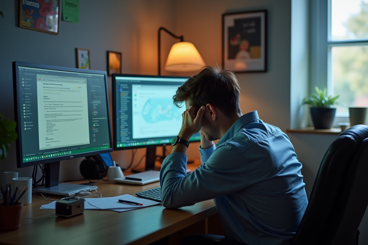 Personne épuisée dans un coin de bureau à domicile avec écrans et désordre