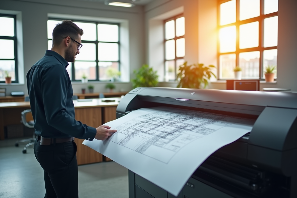 Espace de bureau moderne avec imprimante A1 et plan architectural