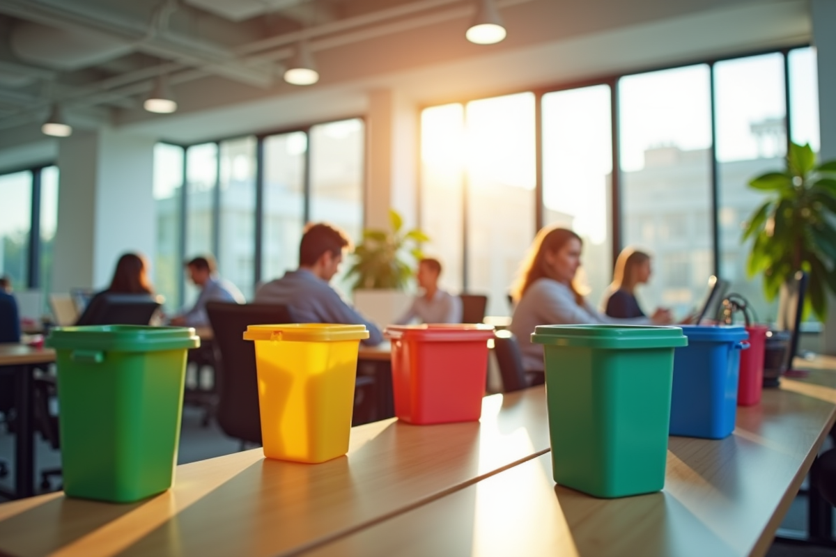 Bureaux modernes lumineux avec employés et poubelles écologiques