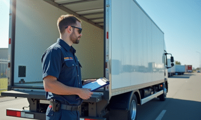 Camion frigorifique ouvert avec technicien inspectant l'intérieur