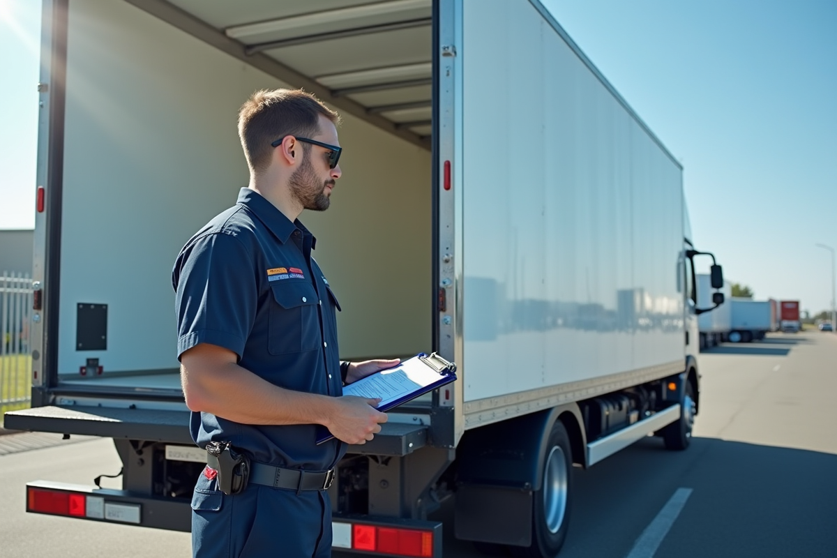 Camion frigorifique ouvert avec technicien inspectant l'intérieur