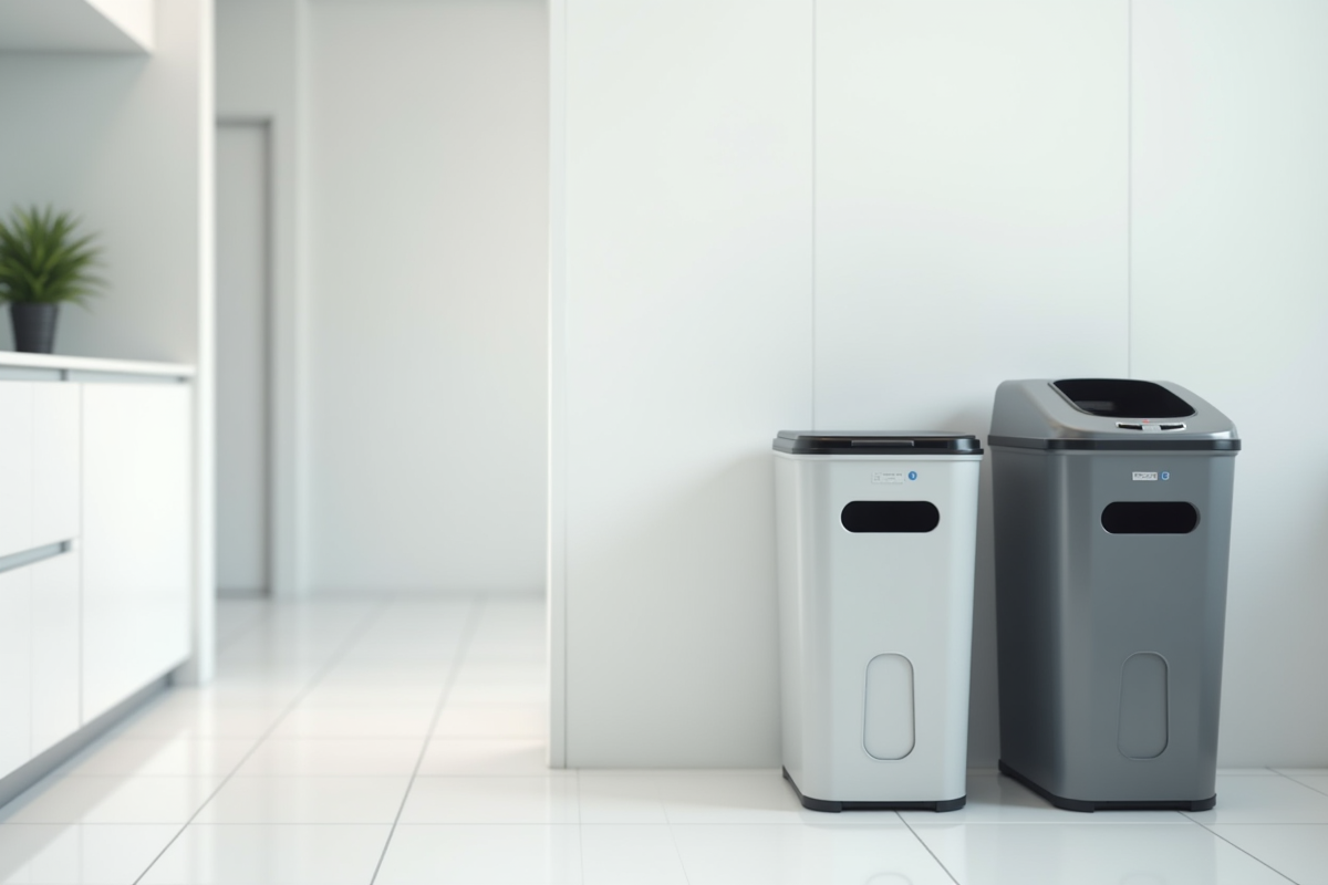 Coin cuisine minimaliste avec poubelles recyclage blanches