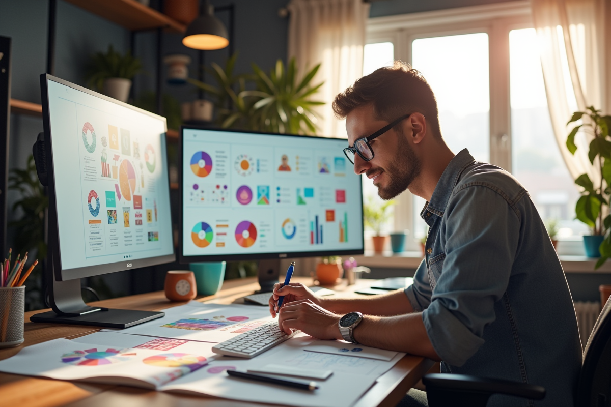 Designer graphique créant avec sketches et écrans lumineux