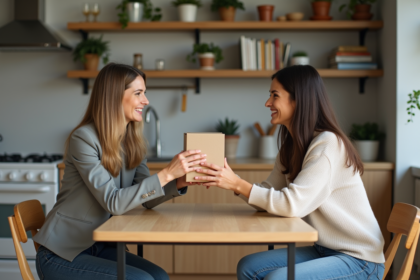 Deux femmes souriantes échangent un petit colis dans une cuisine moderne