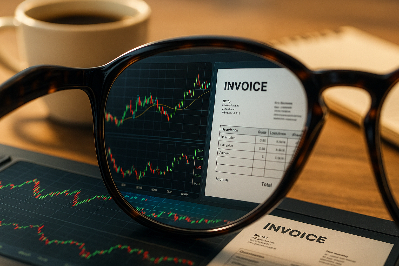 Zoom sur un écran affichant des graphiques financiers et factures