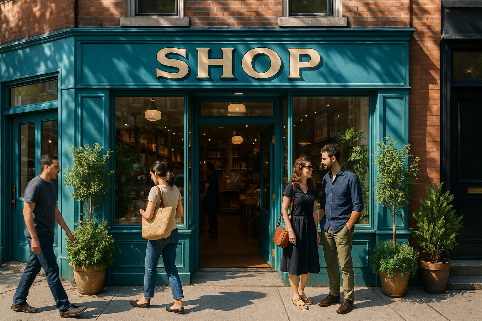Vitrine de boutique animée dans une rue ensoleillée