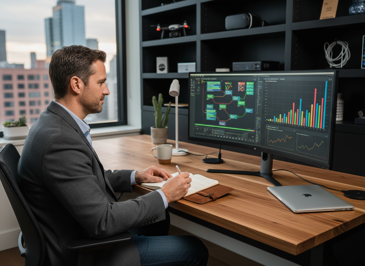 Entrepreneur seul analysant des graphiques d