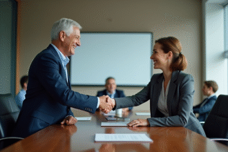 Deux professionnels se serrant la main dans une salle de réunion moderne