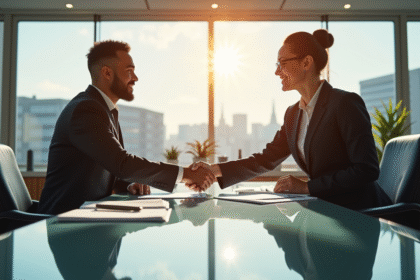 Deux professionnels d'affaires se serrant la main dans un bureau moderne
