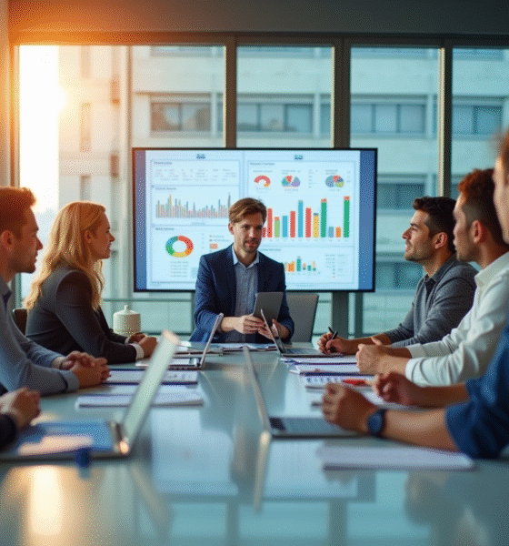 Groupe de professionnels en réunion analysant des graphiques de données