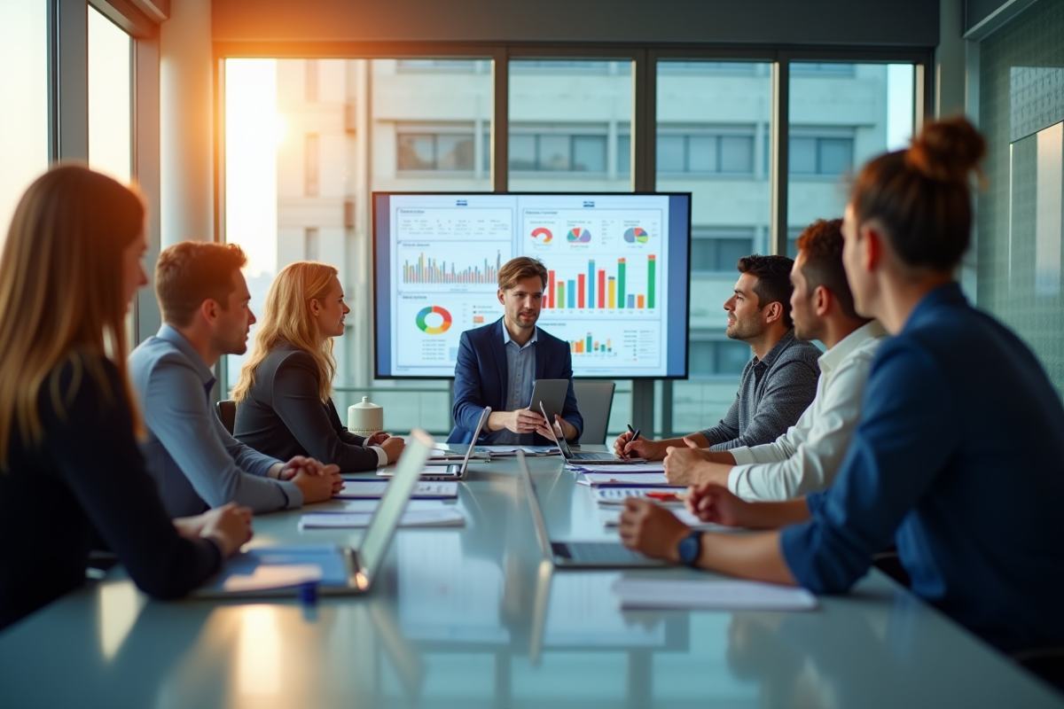 Groupe de professionnels en réunion analysant des graphiques de données
