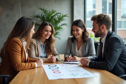 Groupe de professionnels discutant d'un diagramme marketing