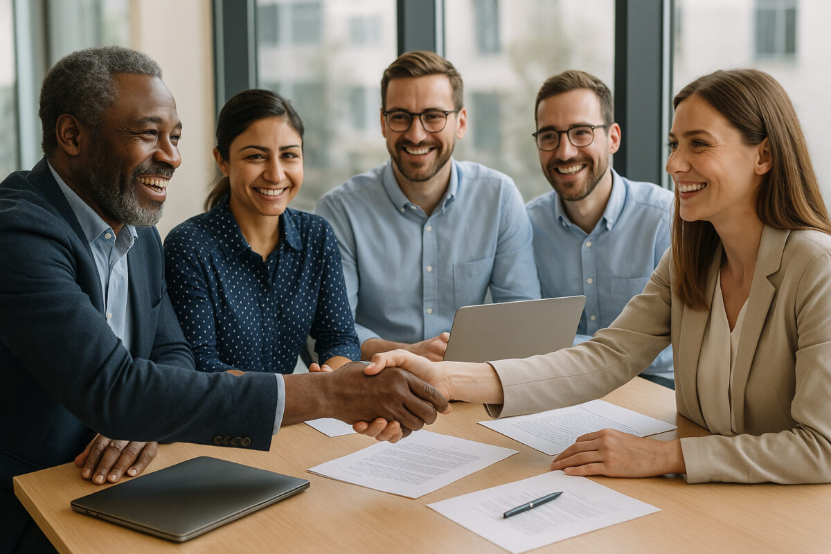 Groupe de professionnels souriants en réunion d'affaires