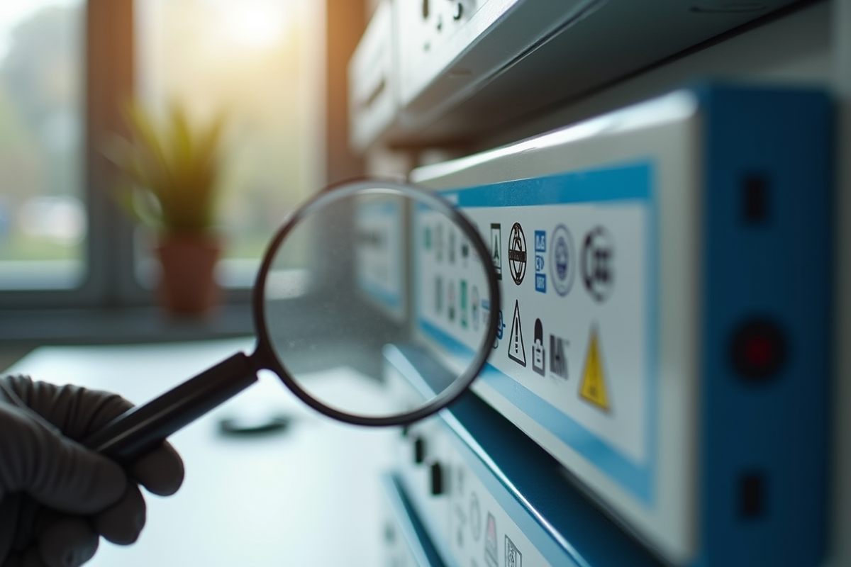 Equipement certifié avec étiquettes BS EN et IEC en gros plan