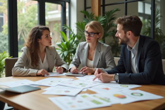 Groupe de professionnels en réunion autour d'une table moderne