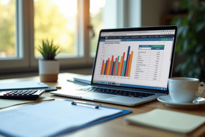 Espace de travail professionnel avec ordinateur et budget publicitaire