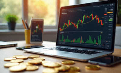 Espace de travail moderne avec ordinateur et bitcoins dorés