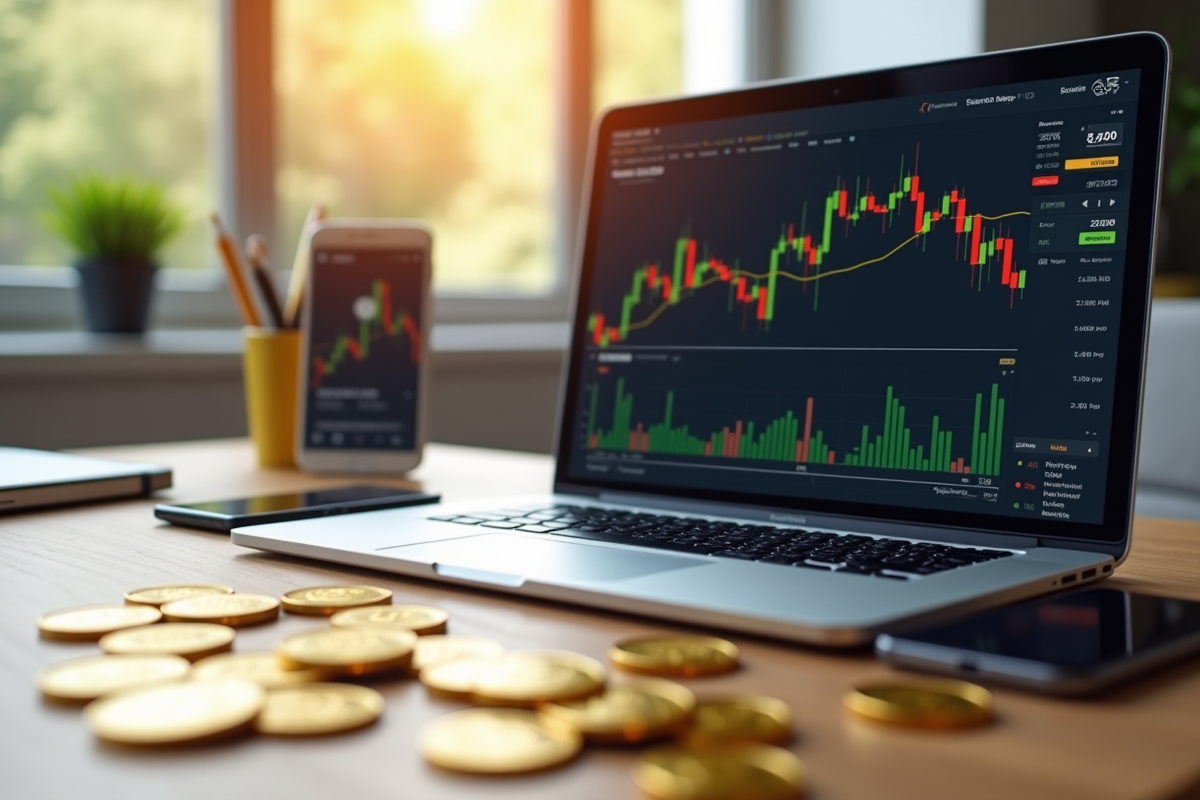 Espace de travail moderne avec ordinateur et bitcoins dorés