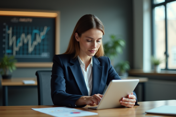 Femme d'affaires concentrée avec tablette et graphiques