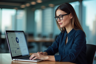Femme d'affaires analysant un tableau de bord CRM moderne