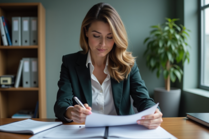 Femme d affaires en réunion lisant des documents