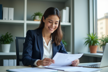 Femme d affaires en bureau examinant des documents fiscaux