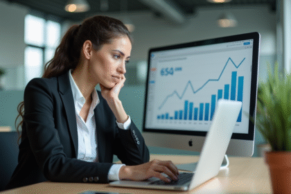 Femme analysant graphiques marketing sur son ordinateur