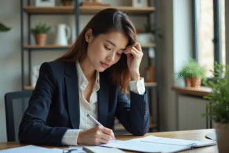 Femme en blazer au bureau en pleine concentration
