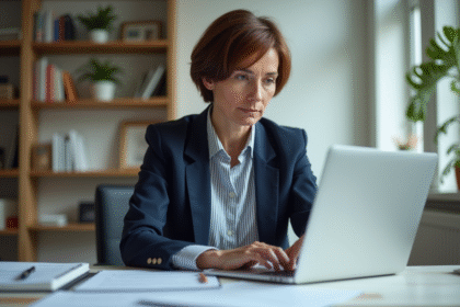 Femme d'âge moyen au bureau à domicile en blazer navy