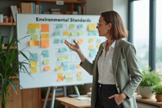 Femme en tenue professionnelle devant tableau sur normes environnementales