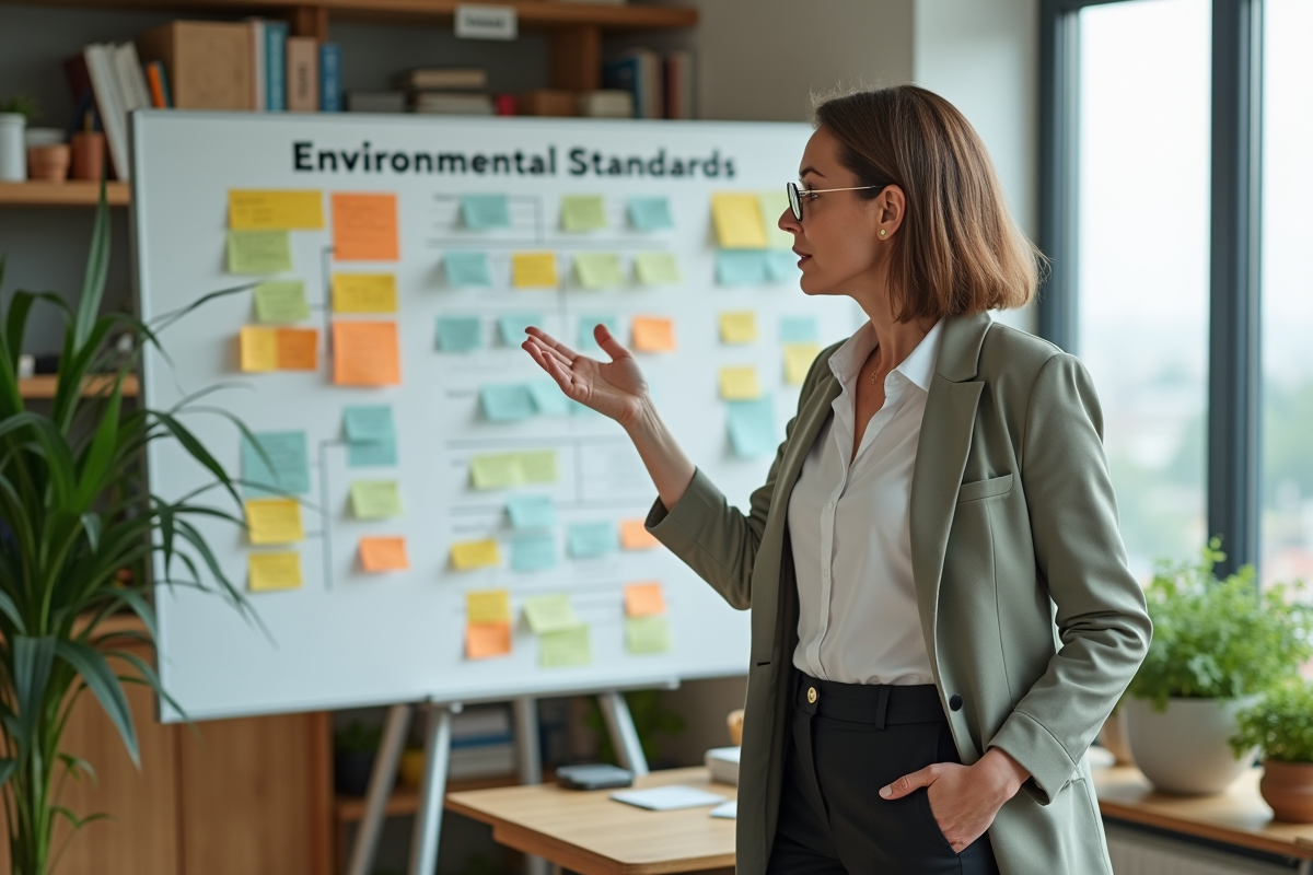 Femme en tenue professionnelle devant tableau sur normes environnementales