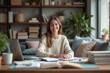 Femme détendue dans son bureau à domicile