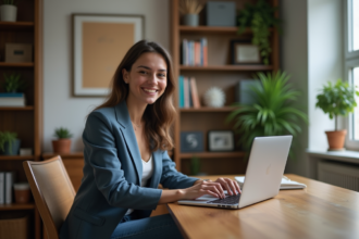 Jeune femme professionnelle souriante au bureau avec ordinateur