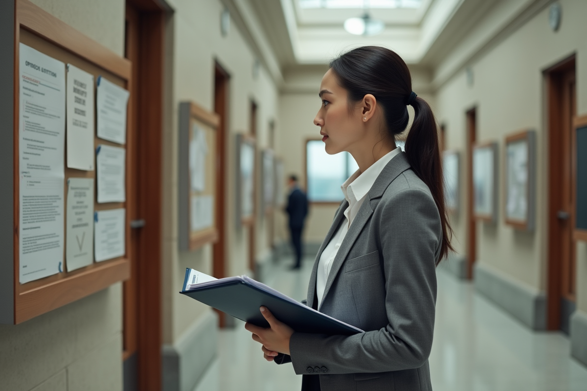 Jeune femme en blazer regardant un panneau d affiches officielles