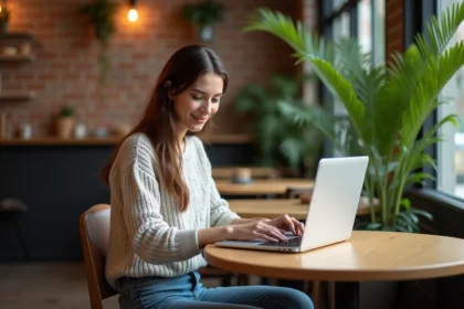 Jeune femme au café utilisant un ordinateur portable