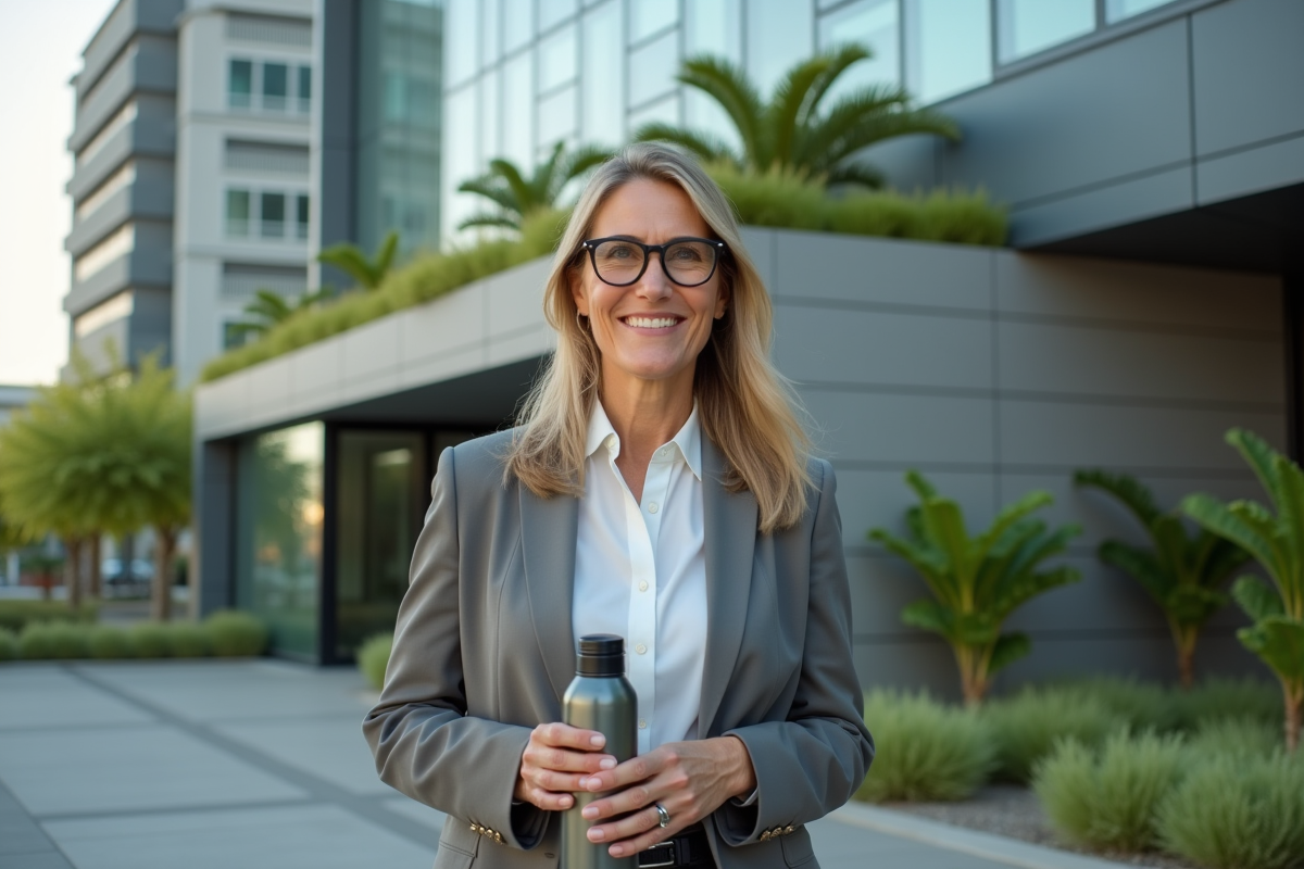Femme souriante devant un bâtiment avec toit vert