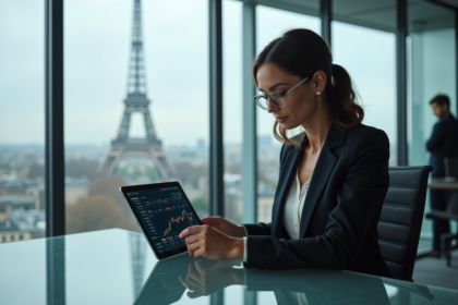 Femme d affaires regardant un tableau financier à Paris