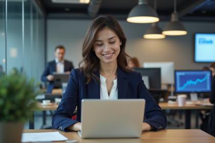 Jeune femme d'affaires en bureau fintech regardant des graphiques