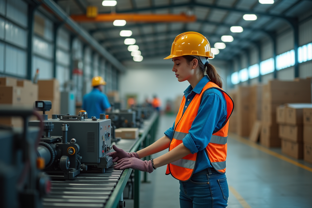 Jeune femme opérant une machine dans une usine animée