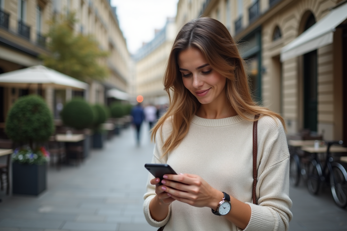 Jeune femme vérifiant ses investissements dans une rue parisienne