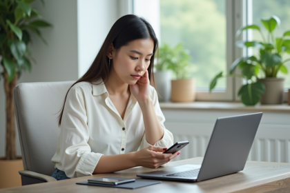 Jeune femme réfléchissant devant son ordinateur dans un bureau lumineux