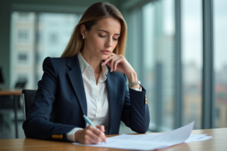 Femme en blazer bleu dans un bureau moderne