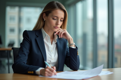 Femme en blazer bleu dans un bureau moderne