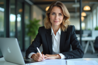 Femme en bureau professionnel examine un contrat de travail