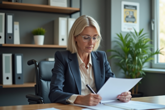 Femme en fauteuil signe des documents dans un bureau moderne