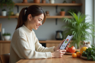 Femme souriante utilisant une application alimentaire sur smartphone dans la cuisine